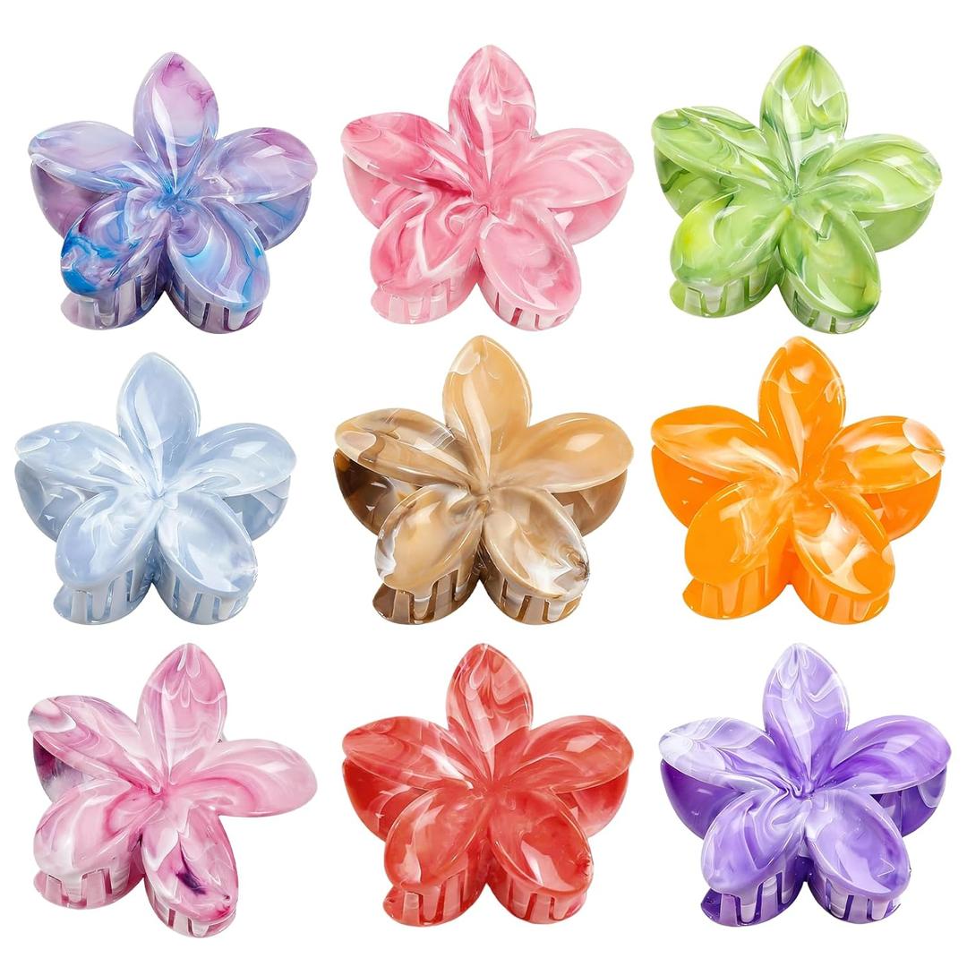 9Pcs Flower Claw Clips for Thick Hair - Hair Clips for Girls Gifts- Cute Hawaiian Flower Hair Clips for Women - Large Plumeria hair clips - Summer Beach Accessories for Women Girls
