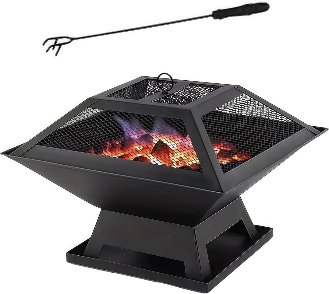 Outdoor Fire Pits for Outside Wood Burning Table Fire Pit with Spark Screen Cover, Fire Bowls Backyard Fire Pit with Fire Poker for Camping Beach (Black, 18.5 Inch)