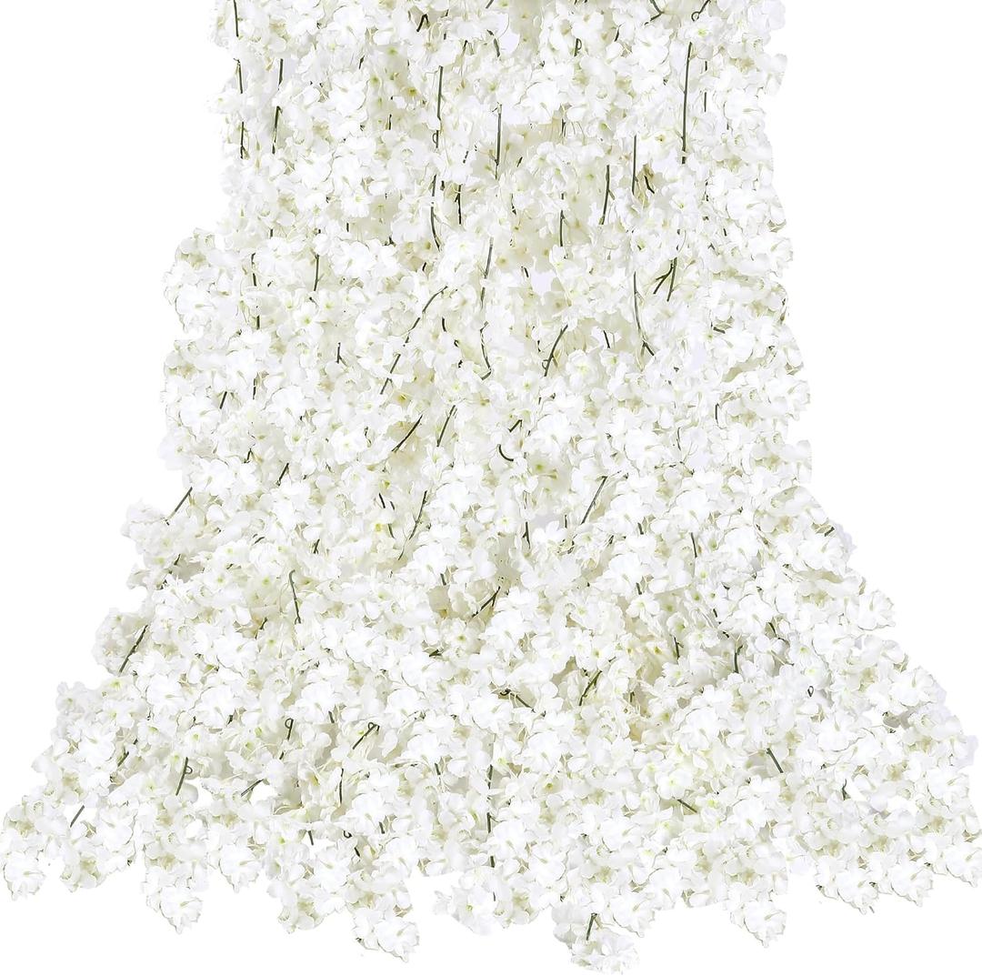 Sggvecsy Cherry Blossom Garland Artificial Cherry Flower Vines 8 Pack Hanging Silk Flowers Garland for Home Wedding Garden Party Arch Office Decor (White)