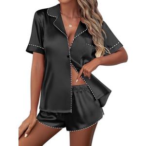 Ekouaer Silk Satin Pajama Sets Contrast Piping Pj Sets Button Down Lounge Sets Bridal Wedding Honeymoons, Small