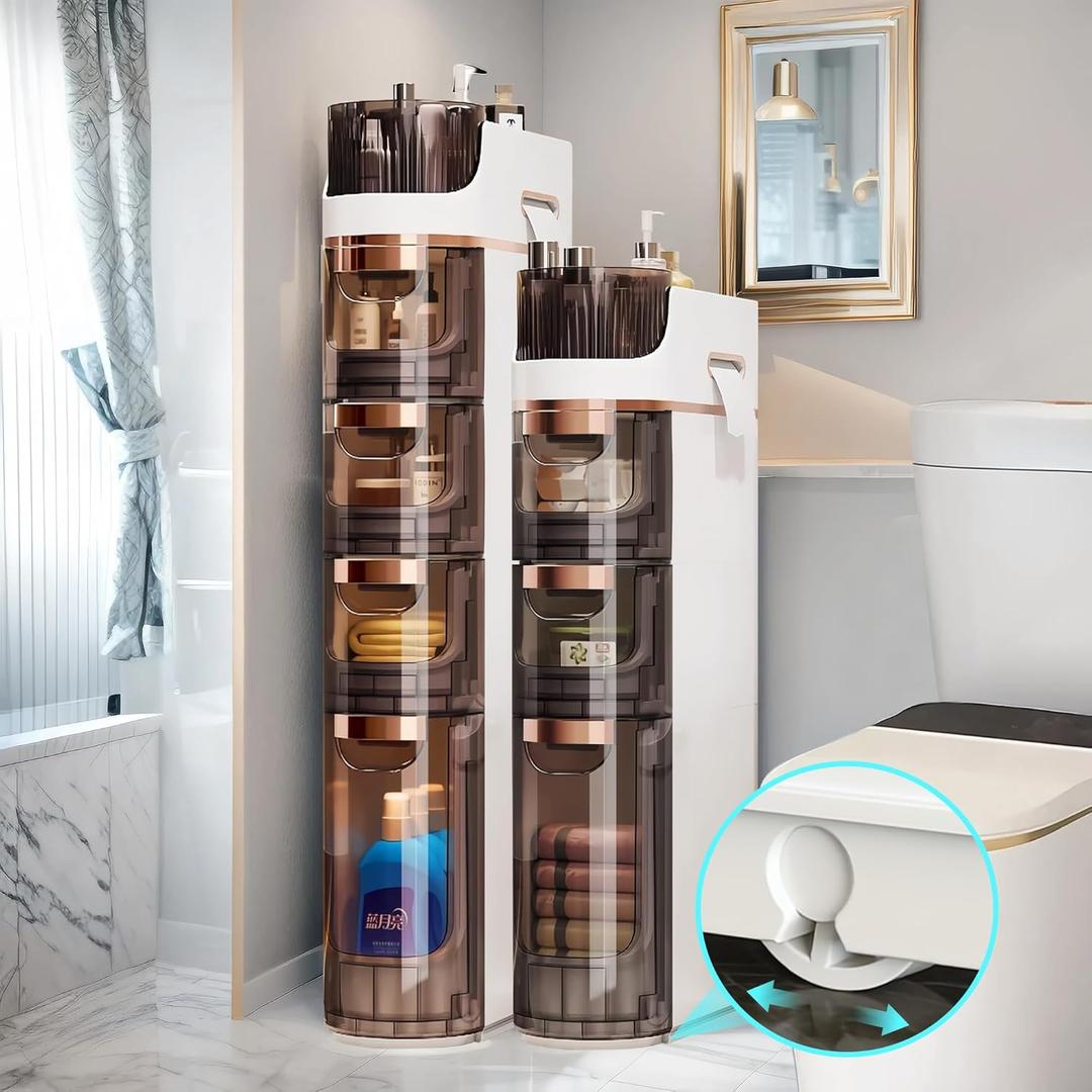 3-Tier Slim Bathroom Storage Cabinet, Narrow Floor Cabinet with Wheels Toilet Paper Holder, Waterproof Bathroom Storage Organizer for Small Spaces, Kitchen, Laundry, Office, Out of The Box (3+1 Drawers(29.3H))