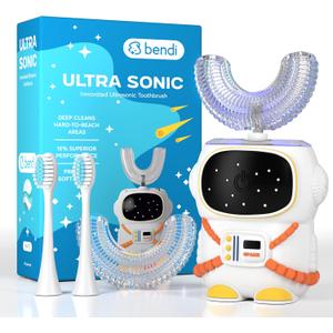 Sensory 360 Round U-Shaped Astronaut Design Mouthguard Electric Toothbrush for Kids Ages 2-7 - Automatic Memory Function - 5 Modes Toothbrush with Multiple Heads Kids Travel Essentials (White)
