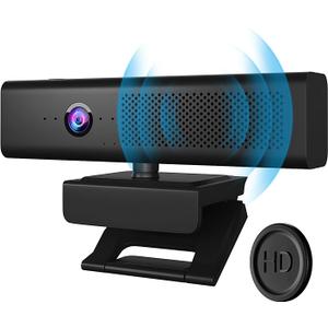 Full HD 1080P Computer Camera with 4 Built-in Omnidirectional Microphones and Speaker for Video Conference Streaming, USB External Webcam with Magnetic Privacy Cover for Desktop Monitor Laptop