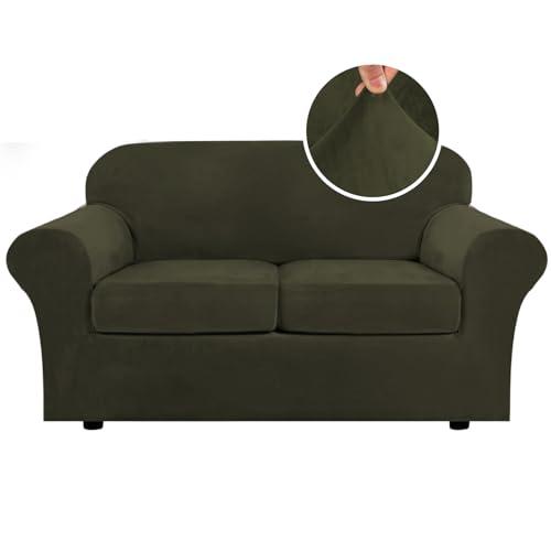 H.VERSAILTEX Real Velvet Plush 3 Piece Stretch Sofa Covers Couch Covers for 2 Cushion Couch Loveseat Covers Width Up to 72 Inch Feature Thick Soft Stay in Place (Medium Sofa, Olive)
