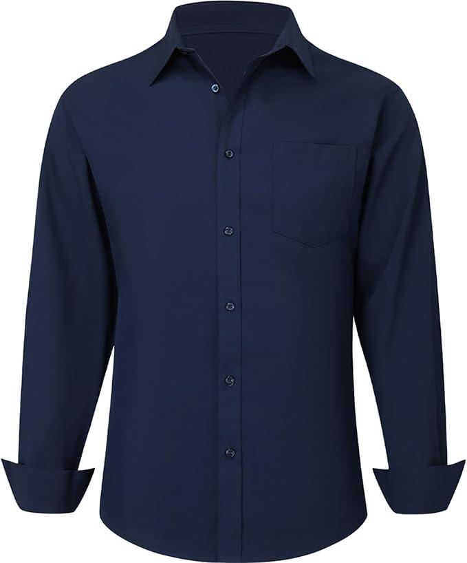 CIGENU Long Sleeve Dress Shirts for Men, Regular Fit Stretch WrinkleFree Business Casual ButtonDown Shirts with Front Pocket Navyblue, S