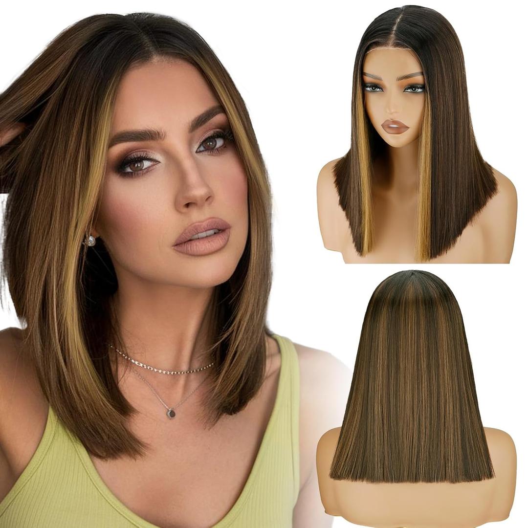 NOSTLAGIA Brown Highlight Bob Glueless Wig for Women Short Straight T Part HD Lace Front Wigs Pre Plucked Pre Cut No Glue Lace Closure Wigs for Party and Daily Use(14 Inch)