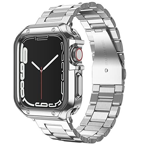 Compatible with Apple Watch Band and Case, Stainless Steel Metal Chain with TPU Cover, Smart-Watch Link Bracelet Strap, Wrist-Band for i-Watch Series 9 8 7 6 5 4 3 2 1 SE, 45mm 44mm 42mm, Silver