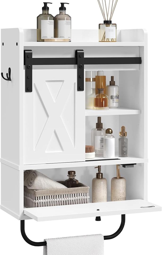 MAHANCRIS Bathroom Wall Cabinet, Farmhouse Medicine Cabinets with Sliding Door, Wall Mounted Storage Cabinet with Adjustable Shelf and Towel Bar, for Bathroom, Living Room, Kitchen, White