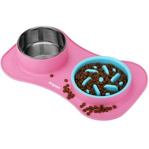 Anipaw Slow Feeder Dog Bowls 3 in 1 Stainless Steel Dog Food and Water Bowls with Non-Spill Non-Skid Silicone Mat to Slow Down Eating for Large Medium Small Breed Size Dogs and Cats (Pink)