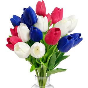 18 Pcs 13 Inches Artificial Tulip Flowers Bouquet, Red White Blue Faux Tulips with Green Leaves, Patriotic Flower Stems for Home Decor, 4th of July, Memorial Day, and Cemetery Grave Floral Arrangement