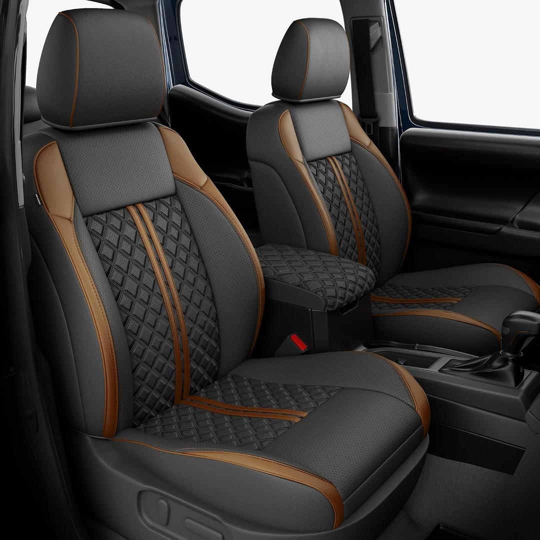 Custom Seat Covers for Tacoma 2016-2023 3rd Gen Double Cab SR5/TRD Off-Road/SR/TRD Sport/TRD PRO Full Set with Console Covers, Waterproof Leather Back and Front Seat Protectors Black Brown