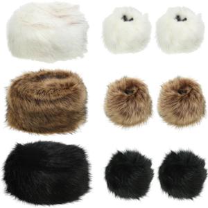 Liitrsh 3 Pcs Women's Faux Fur Hat and 3 Pairs Wrist Cuffs Russian Style Warm Cap Furry Bands Arm Warmer for Gift Daily Wear (White, Black, Brown)