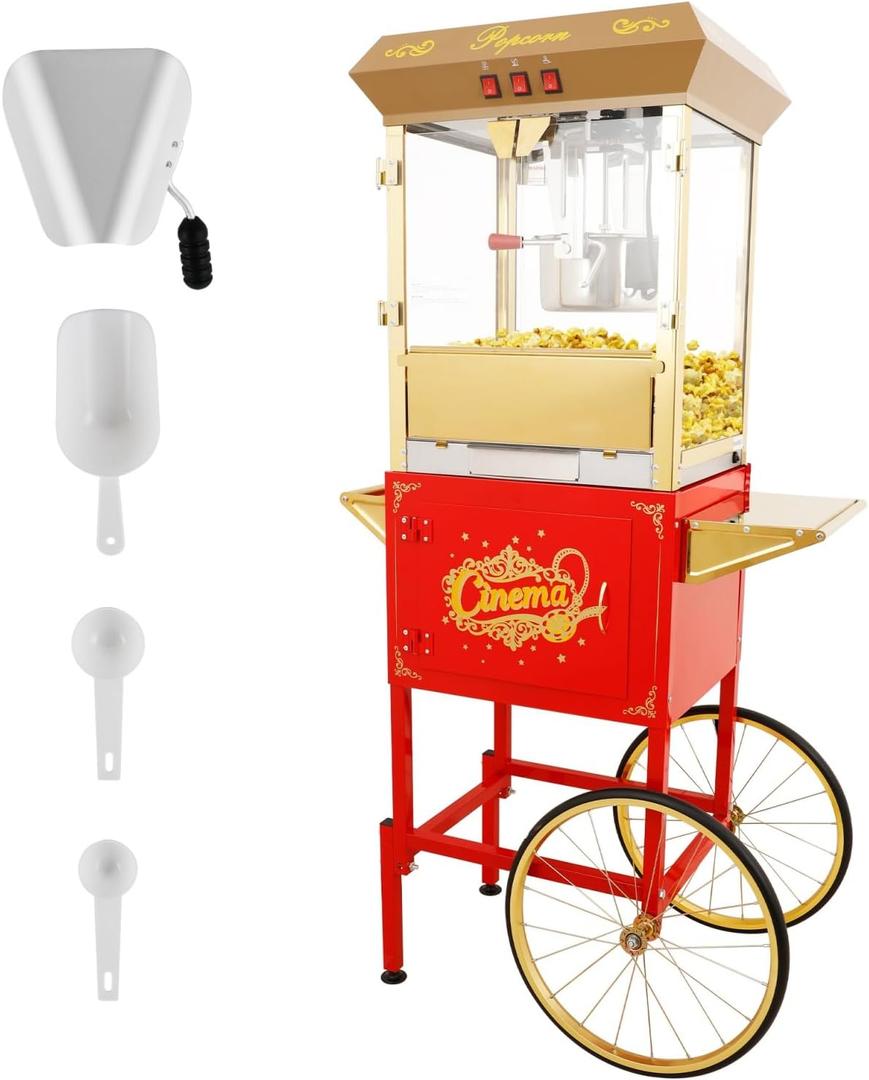 Commercial Popcorn Machin with Cart, Movie Theater Popcorn Maker with 16 Oz Kettle, 3-Switch Control & Tempered Glass Doors, Vintage Pop Corn Machine for Events, Parties, Golden Red