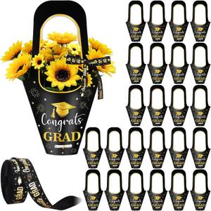 Teenyyou 24 Pcs Graduation Gift Bags 2026 Black and Gold Flowers Bouquet with Handle Paper Flower Bouquet Holder with 1 Roll Crafting Ribbon Wrapping Sleeves for Teacher Graduation Party Gift