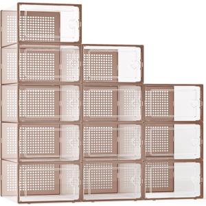 Kuject X-Large Shoe Storage Boxes Organizers for Closet 12 Pack, Fit Size 11,Clear Plastic Stackable Sneaker Containers for Entryway, Space Saving Shoe Rack,Substitute for Drawer Organize Unit, Brown