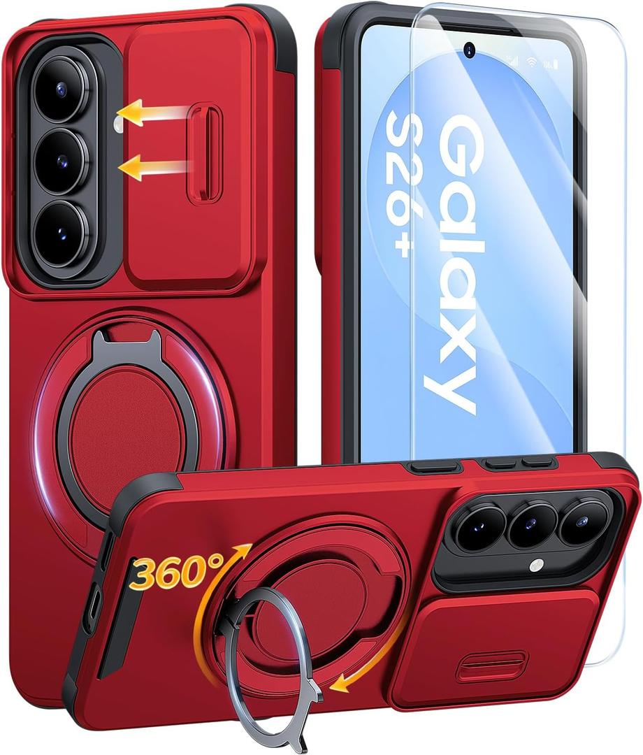 JAME for Samsung Galaxy S26+ Plus Case, Ring Holder Stand Kickstand, Slide Camera Cover with Screen Protector, Dual-Layer Shockproof Protective, Magnetic Accessory Friendly S26 Plus Phone Case, Red