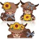 3 Pcs Sunflower Highland Cow Wooden Table Decorations Centerpiece Block Fall Highland Cow Tiered Tray Tabletop Sign for Office Dining Room Mantle Party Supplies Home