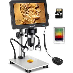 7" LCD Digital Microscope 1200X,Leipan 12MP Coin Microscope for Adults,1080P Microscope with 12pcs Slides,Windows/Mac OS Compatible(32GB Card)