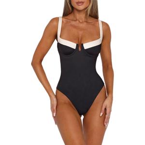 HYPERFIRE Women's High Cut Cheeky One Piece Swimsuit Underweired Swimwear Push up Bathing Suit (Medium, Black and White)