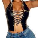 xxxiticat Women's Halter PU Leather Crop Top Lace Up Bandage Criss Cross Eyelet Cropped Faux Leather Tank Camisole Shirt (Black)