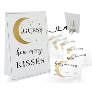 How Many Kisses Are in the Jar Game-1 Standing Sign and 50 Guessing Cards, Golden Moon Bridal Shower Games, Baby Shower Sign, for Boys Girls Baby Shower Favors and Weddings Party Decoration-18