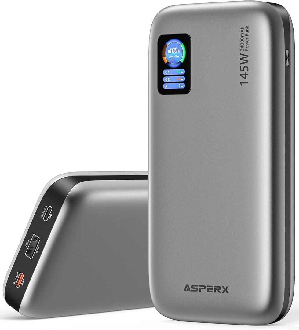AsperX Portable Charger, 24,000mAh 145W Laptop Power Bank, TFT Smart Display,3-Port USB C PD 3.1 Fast Charging Battery Pack for MacBook, Dell XPS, iPhone 16/15/14/13, Steam Deck, AirPods (Silver)