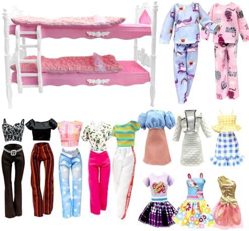 Dolls Clothes and Accessories, Bunk Bed Playset, 2 Pajamas, 2 Fashion Dresses, 2 Clothing Outfits, Bedroome Set for 11.5 inch Dolls, with 2 Blankets