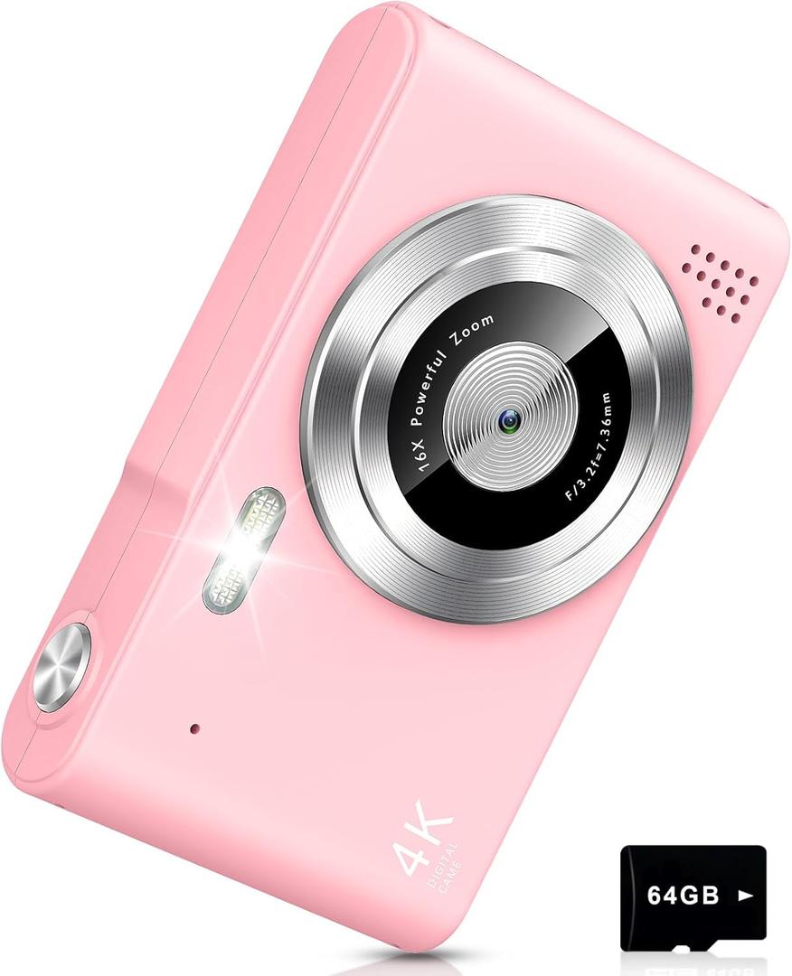 Digital Camera, Camera for Kids, UHD 4K 48MP Point and Shoot Digital Cameras with 64GB SD Card and 16X Digital Zoom Anti Shake, Compact Portable Small Gift for Boys Girls Students, Pink