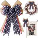 Patriotic Decor Bows for Wreaths,Burlap Red White Blue Stripe Stars Tree Topper Bow for 4th of July,Independence Day,Memorial Day,Veteran's Day,Front Door Indoor Outdoor Decorations