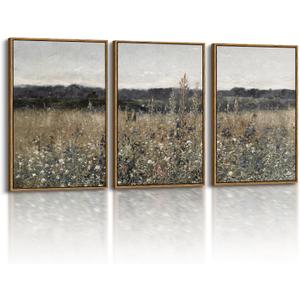 InSimSea 3 Pcs Framed Canvas Art for Living Room, 16x24inch, Vintage Wall Decor, French Country Meadow Landscape Paintings with Frame, Bedroom Farmhouse Decor Above Bed, Set of 3 (16"x24"x3, Champ Fleuri)