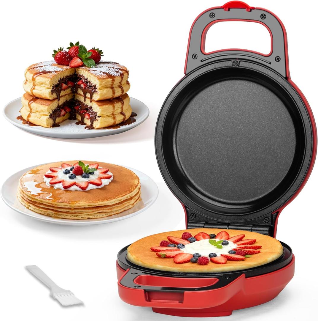 Flip Pancake Maker Machine, Ceramic Coated Pancake Pan for 6.5 Inch Pancakes, Omelette, Crepe & Quesadilla, Frittata, Double Sided Omelette Pan Nonstick, Red