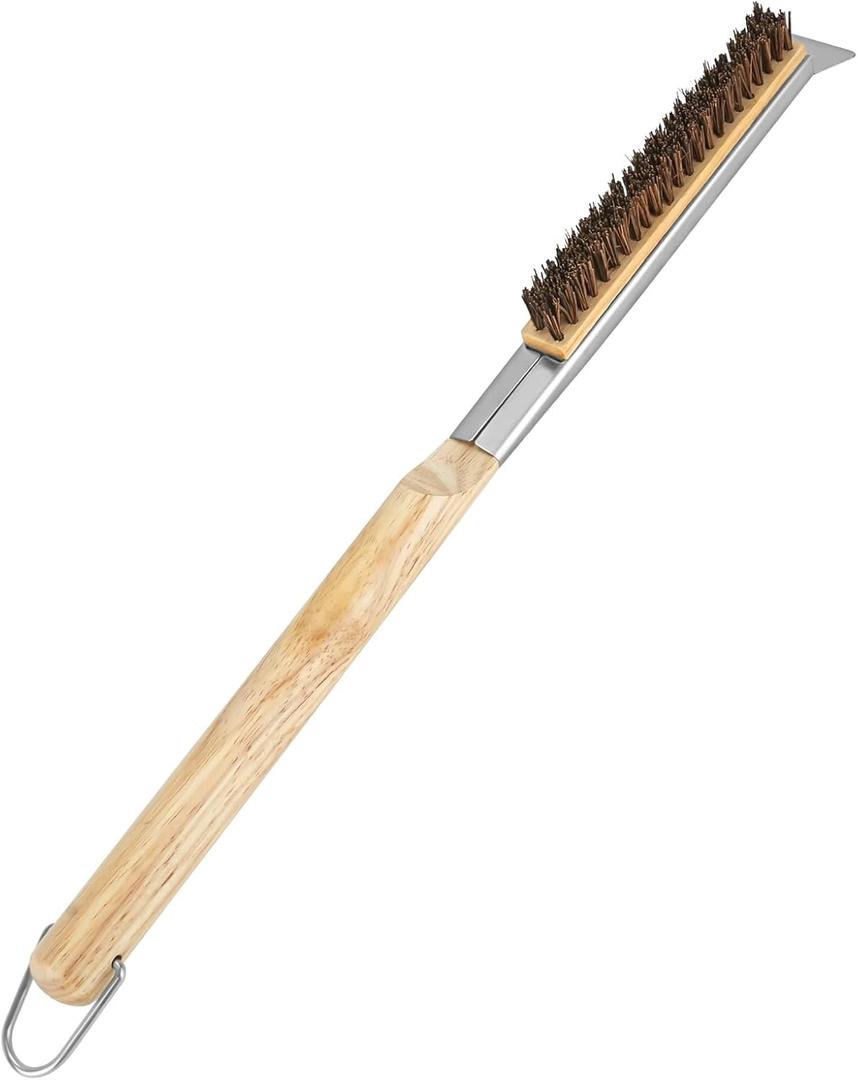 21'' Pizza Oven Brush with Scraper, Brass bristles Pizza Stone Cleaning Brush with Wooden Long Handle Hanging Ring for Outdoor Pizza Oven Accessories (Coconut Bristle Brush)
