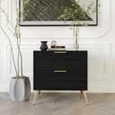 Modern Glam 2-Drawer Wooden Nightstand with Gold Metal Legs, Black, 14.7"D x 21.7"W x 21.9"H