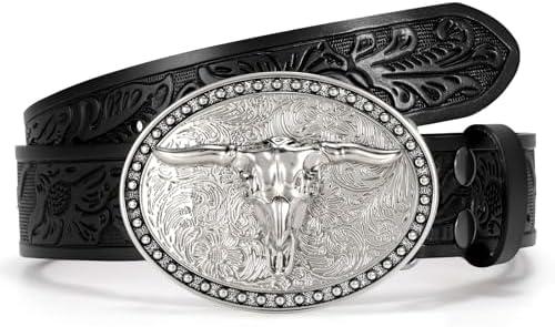 VONMELLI Western Belt for Men Women, Embossed Leather with Bull Buckle
