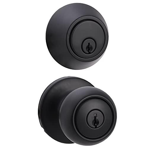 Amazon Basics Exterior Door Knob with Key Lock and Deadbolt, Keyed Alike, Coastal, Matte Black