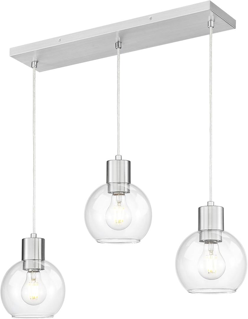 LMS Brushed Nickel Dining Room Light Fixture, 3-Light Clear Globe Glass Island Lights, Farmhouse Linear Chandeliers for Kitchen Island Pendant Light Fixtures, LMS-122SPL-BN3 (Silver)