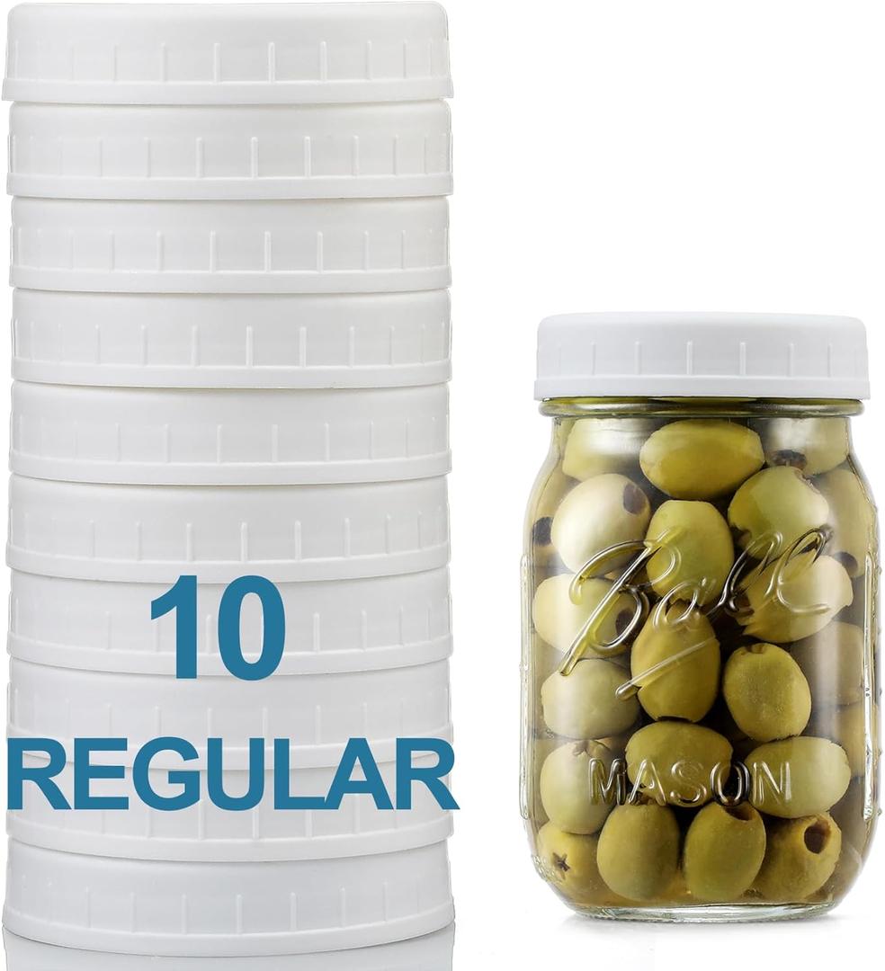 AOZITA 10 Pack REGULAR Mouth Mason Jar Lids for Ball, Kerr and More - White Plastic Storage Caps for Mason/Canning Jars - Leak-Proof, Dishwasher Safe & Food Grade