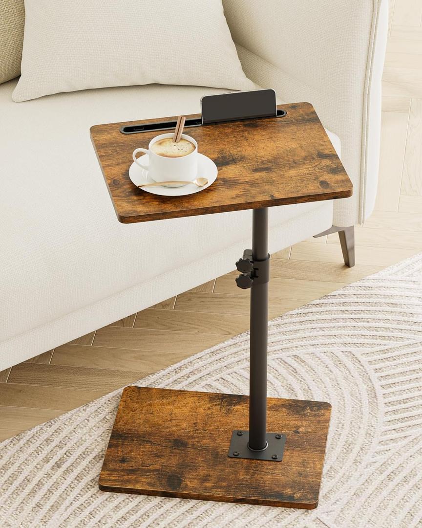 Masupu Sofa Arm Tray Table - 360 Swivel Height Adjustable End Table, Small Snack Side Table for Couch, C Shaped Table for Bed, Chair or TV Tray Table(Rustic Brown)