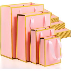 PerKoop 40 Pack Kraft Gift Bags Handled Paper 4 Sizes Goodie with Handles Gift Wrap Dessert Shopping Bags for Business Party Favors( Vertical, Pink)