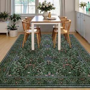 Dining Room Rugs for Under Table, Forest Floral Washable Area Rugs 6x9, Dark Green Oriental Area Rug for Living Room, Low Pile Non-Slip Floor Vintage Carpet for Bedroom, Dark Green