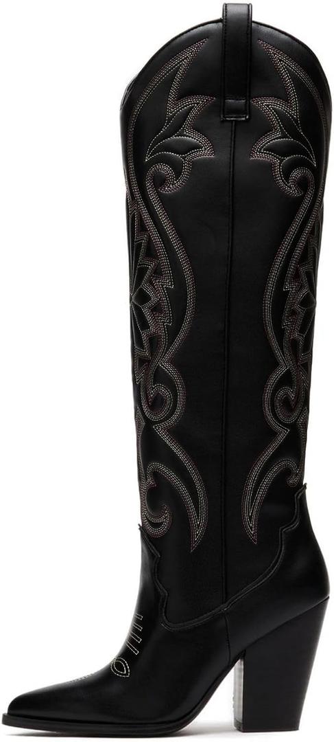 WIRALOMI Women Western Knee High Boots Embroidered Chunky Block Heel Cowboy Boots Pointed Toe Pull on Cowgirl Boots (10.5, Black)