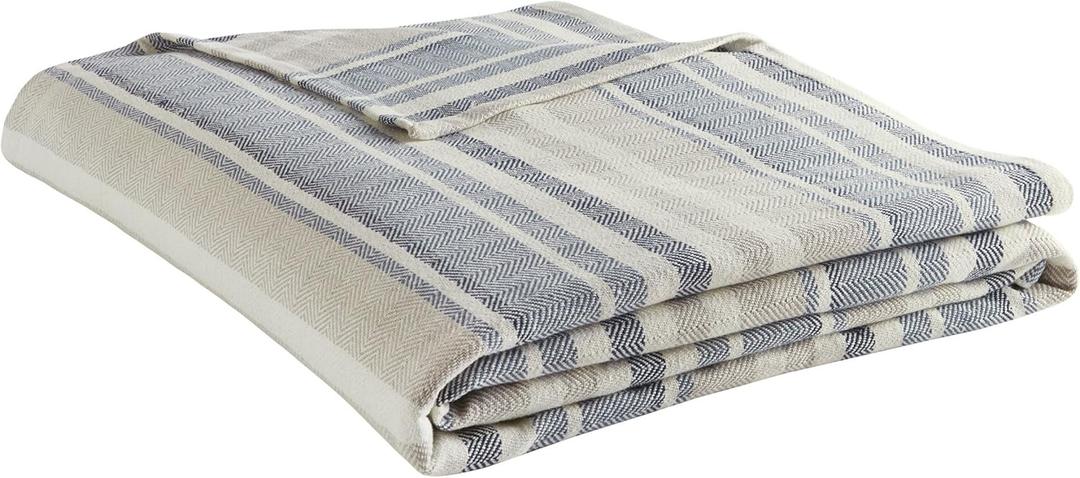 Eddie Bauer - King Blanket, Lightweight Cotton Bedding, Luxurious Bedding Set (Herringbone Blue Stripe, King)