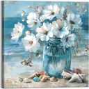 YUEYARIT Bathroom Decor Beach Wall Art Ocean Theme Blue Picture Canvas Print Modern Coastal Artwork Framed Hanging Dining Office Living Room, Vase, 20"L x 20"W