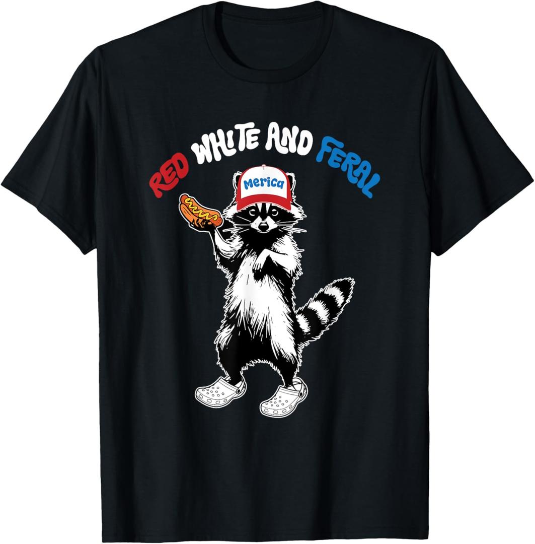 Red White And Feral, Funny Raccoon 4th of July T-Shirt (Small, Black)