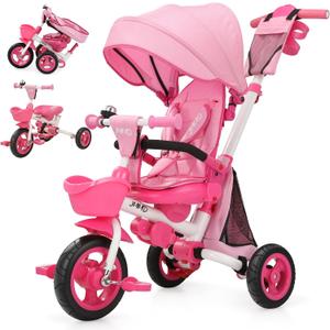 JMMD 8 in 1 Tricycle Stroller with Push Handle, Foldable Trike with 360 Swivel Seat, Reclining Backrest, All-Terrain Wheels, Dual Brakes, Canopy & Storage, Gift for Kids 18 Months to 5 Years, Pink