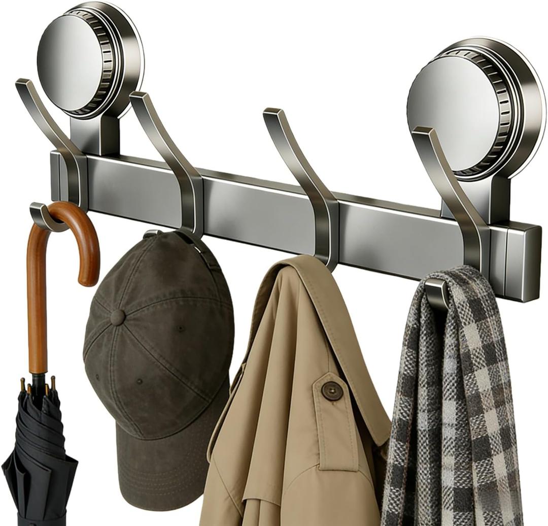 4 Hooks Coat Rack, Dual Suction Cup Wall Mount for Hanging, No Drill Suction Towel Bar and Hat Rack for Hanging Towels Coats Hats (4 Hooks, Gray)
