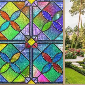 FCZ Decorative Window Film Retro Stained Glass Green Purple Frosted Vinyl Glass Film for Home Bathroom Door Window Static Clings Window Film 35.4'' x 78.7''