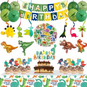 Dinosaur Birthday Decorations, 104 Piece Dinosaur Party Decorations for Boys Dino Birthday Party Supplies Set Include Banner Balloons Cake Toppers Tablecloth Hanging Swirls