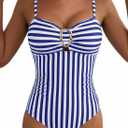 Aleumdr Womens Striped One Piece Swimsuit Tummy Control Bathing Suit with Metal Ring Cutout Swimwear (Large)