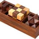 Ajuny 3-in-One Wooden Puzzle Games Set - 3D Puzzles for Teens and Adults - Challenging Brain Teasers 3D Puzzle IQ Logic Handcrafted Games, Includes Decorative Storage Box Best Gift 3 in 1 Game Set